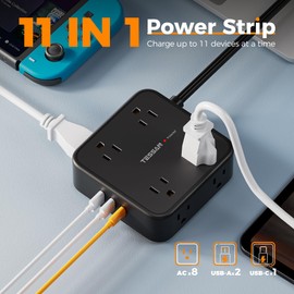 Surge Protector Power Bar 900J, TESSAN 5FT Flat Plug Extension Cord, 1875W Thin Power Strip with 8 AC Outlets 3 USB Ports (1 USB C), Desk Charging Station for Indoor, Home, Office, Dorm, Black