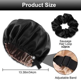 Satin Bonnet, Adjustable Double Layered Satin Cap, Satin Sleep Hair Cap for Women Girls Shower, Sleeping (Black)