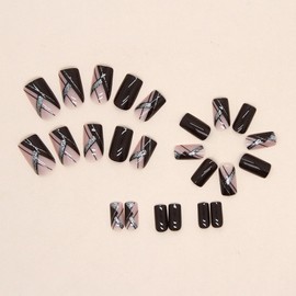 Red Press on Nails Medium Fake Nails Square Glue on Nails Wine Red False Nails with Design Silver Glitter Lines Reusable Artificial Nails Acrylic Stick on Nails for Women Girls 24 Pcs