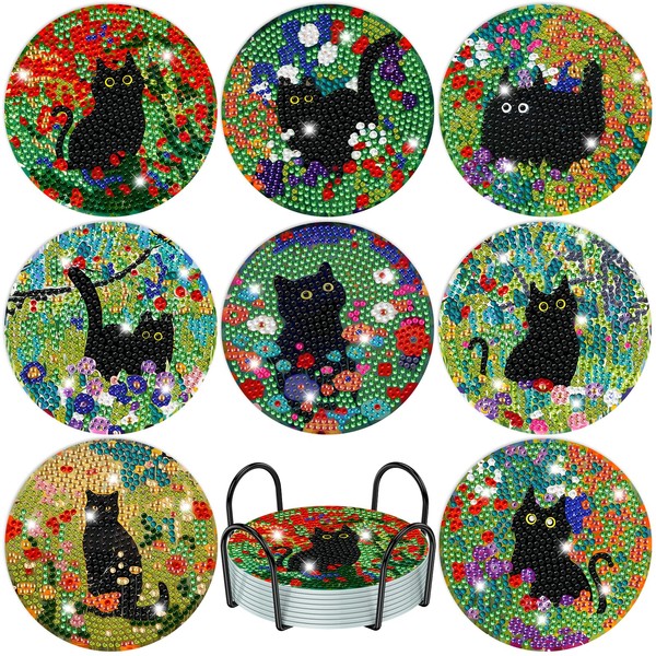RICUVED 8 Pcs Diamond Painting Coasters Kits with Holder, Black