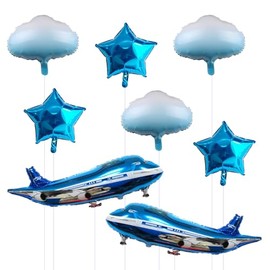 GOTPASS 31inch Large Airplane Balloons Set Airplane Aviator Adventure Themed Birthday Party Supplies Blue Adventure Theme Party Decoration (8 Pcs)