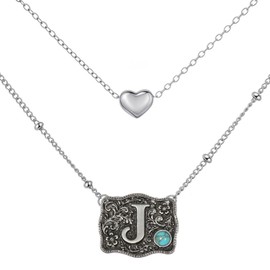 MANZHEN Belt Buckle Bracelet Initial Letter A-Z Bracelets Western Cow Tag Bracelet Belt Buckle Necklace Western Style Initial Letter Pendant Necklace (Necklace, J)