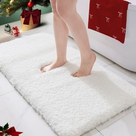 ILANGO White Bathroom Rugs 48" × 24" Non Slip & Super Absorbent Extra Thick Soft, Washable Bath Mat for Floor, Microfiber Plush Shaggy Bath Rug with Rubber for Bathtub Shower Room Sink