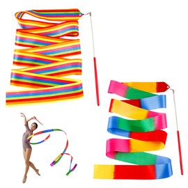 Yijunmca 2pcs Streamers Sticks Ribbon Streamers Gym Ribbons Dance Rainbow Ribbon Rhythm Ribbon Rhythmic Gymnastics Ribbons Twirling Wands for Kids Dancing Wedding Birthday Party Favors, Colorful