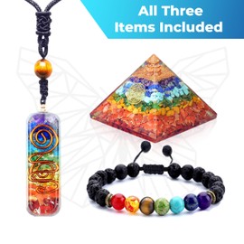 Healing Crystals for Meditation & Chakra Harmony - Spiritual Gifts, Crystal Necklace, Spirit Box - Enhance Your Spiritual Journey (Orgone Pyramid, Chakra Necklace, Charcoal Bracelet)