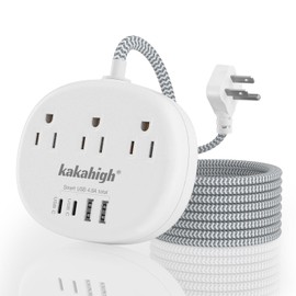 Small Extension Cord - Braided Extension Cord 10 Feet, 13 Amp (1625W) Power Strip with 3 AC Outlet 4 USB (24W/4.8A), College Dorm Room Essentials, White