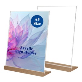 Toionmm Pack of 2 Acrylic Stands A4, Table Stand with Wooden Base Base, L Shape Price Tags Stand, Acrylic Stand, A4 Advertising Stand, Acrylic Sign Holder for Wedding, Restaurant, Office, Cafe