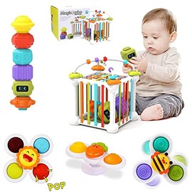 morkka 12PCS Montessori Toys for Boy Girl, Baby Sensory Bin Shape Sorter Toys Colorful Cube, with 3 Suction Cup Spinning Top Toys and Bead Maze, Early Learning Toys for Toddlers Age 1-3