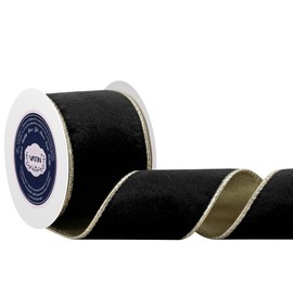VATIN 63mm X 4.5 Metres Black Wired Christmas Velvet Ribbon,Continuous Velvet Ribbon with Gold Back for Christmas Tree Decoration, Gift Wrapping Crafts