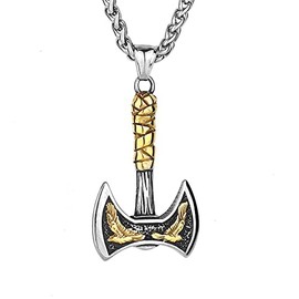 Zhubobo Mens Nordic Viking Raven Axe Pendant Necklace Jewelry Men Stainless Steel (Gold)