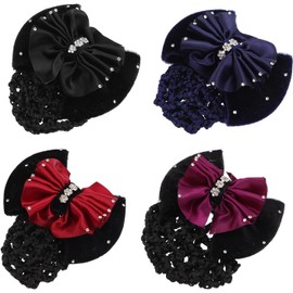 Artibetter 4 redecillas para el cabello con lazo: redecilla con lazo de diamantes de imitación, pinza para el cabello, cubierta de moño de malla, pinza decorativa francesa para el para mujeres y