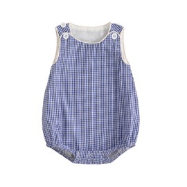 Kuriozud Unisex Newborn Baby Boy Girl Summer Clothes Sleeveless Bubble Romper Jumpsuit Overall Shorts Infant Clothing (Plaid Blue, 12-18 Months)