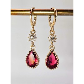 Unbranded Huggie Drop Earrings 18K Gold with Red Ruby Cubic Zirconia