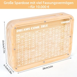 Wooden Money Box, 10,000 Euro Money Box with Numbers, Piggy Bank with Savings Target for Adults Children, Reusable Money Box - Money Saving Challenge, No Assembly