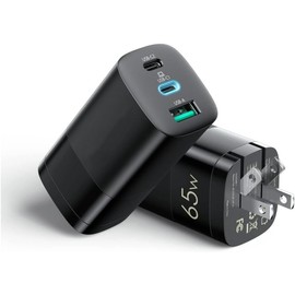 PowerHOOD 65W Triple-port GaN PD Charger, 2 USB-C & 1 USB-A, Foldable Plug Travel, Fast Charging for Universal Devices Smartphones, Tablets, Laptops, Smart Watch, USBC Audio Interface, Cellphones, etc