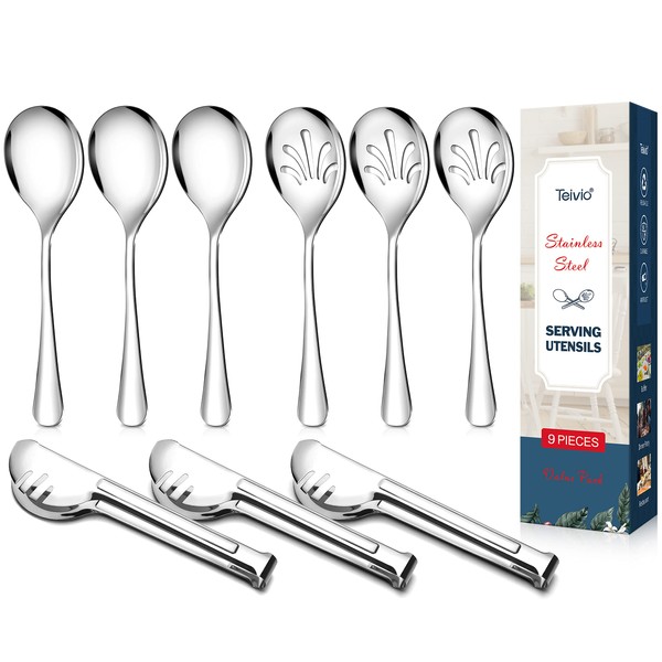 Stainless Steel Metal Serving Utensils - Large Set of 9-10" Serving Spoons, 10" Slotted Spoons, and 9" Serving Tongs by Teivio (Silver)