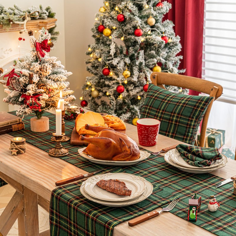 Green Yellow Plaid Christmas Table Runner, Winter Holiday Table Runners