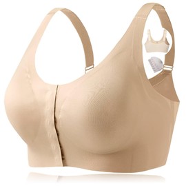 CYTMTZGA Mastectomy Bra Front Closure Seamless Denture Bra with Prosthesis Pocket for Breast Prosthesis Breast Shapes, beige, L