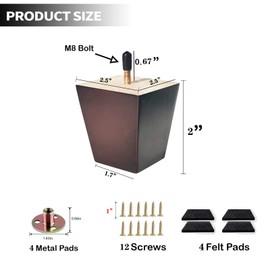 Txcucc Sofa Legs Square Bed Feet 2 inch Wood Replacement Leg for Furniture Set of 4, Dark Brown…