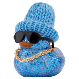 wonuu Car Dashboard Glitter Rubber Ducks, Festival Decorations Rubber Ducky for Car Ornament Cute Duck with Knit Hat, Glasses, Necklace, Blue