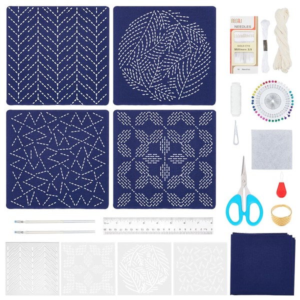 FREEBLOSS 4 Set Sashiko Coasters Plants Lines DIY Sashiko Kit