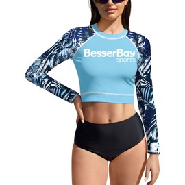 BesserBay Women's Long Sleeve Crop Top Rash Guard UV Protection UPF 50+ Crop Top S-XL, A2 blue