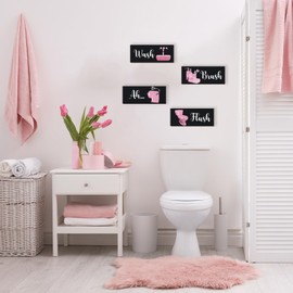 FENCORDAR 4 Pcs Pink Bathroom Decor Funny Pink And Black Bathroom Decor Wooden Accessories Modern Funny Glitter Set for Home Toilet Decoration(14x5.5 Inch)