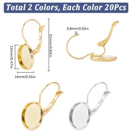 SUNNYCLUE 1 Box 40Pcs 304 Stainless Steel Earring Hooks Leverback Hoop Earrings Cabochon Setting 12mm Tray Gold Silver Flat Round Blank Bezel Earring Findings for Jewelry Making Earrings Supplies