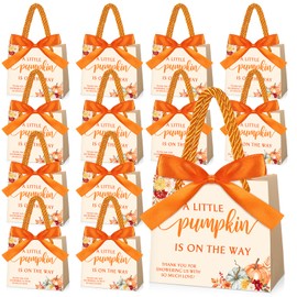 Kolldenn 25 Set Baby Shower Party Favors Thank You Gift Bags A Little Pumpkin is On the Way Gift Bags with Handles Fall Small Candy Bags with Bow Ribbon for Autumn Baby Shower Gender Reveal Party
