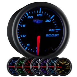 GlowShift Black 7 Color 35 PSI Turbo Boost Gauge Kit - Includes Mechanical Hose & Fittings - Black Dial - Clear Lens - for Car & Truck - 2-1/16" 52mm