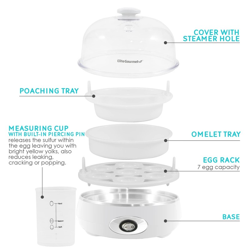 Elite Gourmet EGC007CHW Easy Electric 7 Egg Capacity Cooker, Poacher,