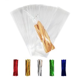 XLSFPY 100PCS Cellophane Bags 3x11 inches, Clear Treat Bags with 4 Twist Ties, Plastic Cello Bags - 1.4 mils Thick OPP Rice Crispy Bags for Gift Goodie Favor Candy Cake Pop Birthday Party Cookies (3 x 11)