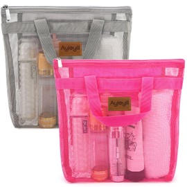Ayieyill Shower Caddy Portable, Mesh Shower Caddy Tote Bag Quick Dry Hanging Toiletry and Bath Organizer for College Dorm, Gym, Beach, Travel or Camping with Zipper (Rose+Grey)