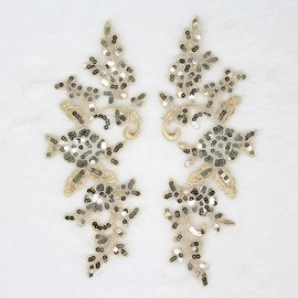 SUNMOVE Pair of Embroidery Sequin Lace Applique Sewing Flower Fabric Collar Patch Motif Wedding Gown Dress Bridal DIY Crafts （Light Gold）