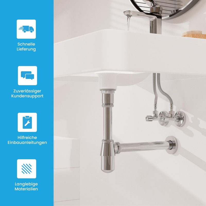 Bächlein Universal cup siphon for washbasins, odour trap with cleaning