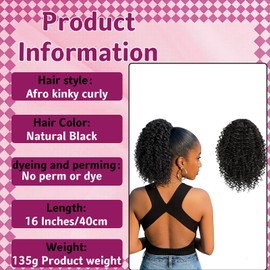 1Pcs Afro Kinky-Curly Hair Bulk, Curly Ponytail Extension For Black Women, Drawstring Ponytail Hair, For Black Women Natural Color 16 Inch