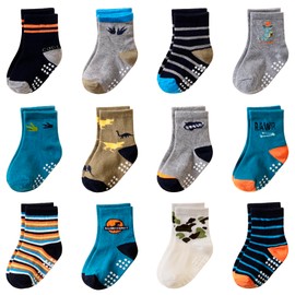AMENLAN Toddler Non Slip Grips Socks Kids Anti Skid Baby Boys Cotton Crew Socks 12 Pairs (Dinosaur A, 3-5 Years)
