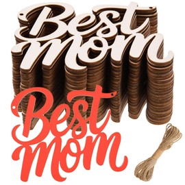 AWIZOM 48 Pcs Best MOM Unfinished Wood Crafts Wooden Mothers Day Crafts Wood Best MOM Cutouts Wood Letters Ornaments with Twine for DIY Mother's Day Present Tags, Mom's Birthday Party Decor,4.72x4.29