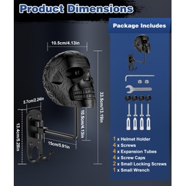 PAHTTO Skull Motorcycle Helmet Holder, Helmet Rack Wall Mount 180°Rotation, Metal Crafts, Skull Shape Helmet Stand with Double Hook for Football/Bicycle Helmet, Hat, Cap, Coat, Motorcycle Accessories