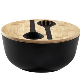 ECOWAY Bamboo Fiber Salad Bowl with Lid & Servers, 4Qt, Melamine Salad Serving Bowls Set with Bamboo Lid, Salad Mixing Bowl with Spoon Fork for Fruits Vegetables and Pasta (Black, 9.8inch)