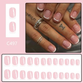 French Tip False Nails - 24pcs Square Press On Nails Short In 12 Sizes - Glossy Nude White French Nails - Removable Full Cover Fake Nails with Glue