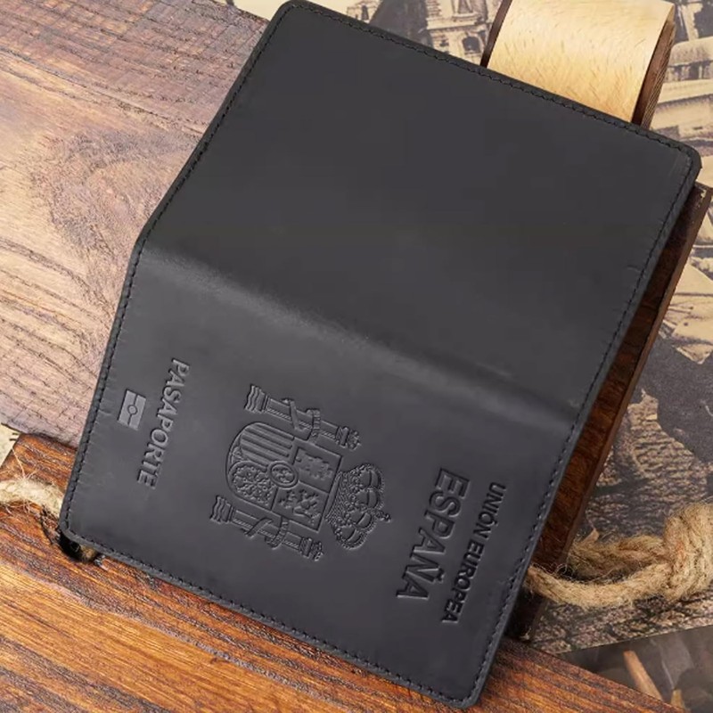 Porta pasaporte español, portadocumentos de piel vaca, tarjetero retro for