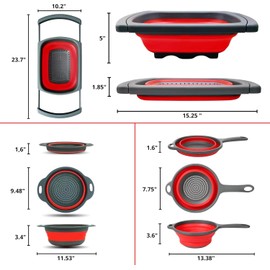 Set of 3 Red Silicone Plastic Kitchen Colanders – Folding Sizes Silicone Collapsible Colander Set Red Plastic Foldable Strainer for Pasta Vegetables Camping Kitchen