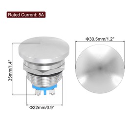 MECCANIXITY 1PCS 5A 22MM 7/8" Momentary Mushroom Head Push Button Switch 12V 24V 120V 250V AC Silver 1NO Waterproof IP65 SPST Domed Round 2 Screw Foot Button