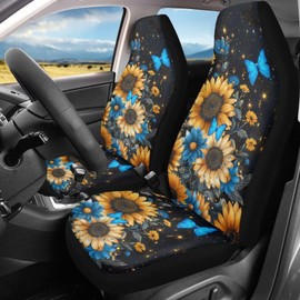 BIGCARJOB Sunflower Car Accessories Sets 2 Pcs Auto Front Seat Protector Butterfly Print Car Seat Cover Sets for Womens Girly Cute Car Interior Seat Cushion Pads