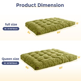 MAXYOYO 6" Futon Mattress Full Size, Tufted Futons Sofa Couch Bed with Twisted Rope Design Edging, Thick Corded Fabric Floor Mattress for Adults, Shredded Foam Filling (Frame Not Included), Green