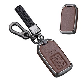 TECART Leather Key Case Fit for Honda Odyssey Freed Metal Key Fob Keychain Key Shell Box Accessories Protector 6 Button, Long-keychain-brown