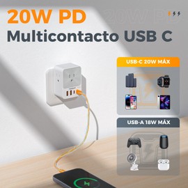 TESSAN 20W Regleta Multicontacto Pared, Protector de Sobretensiones con 3 Enchufes de CA y 4 USB (2 USB C), Conector Multiple Outlet para el Hogar, Oficina, Dormitorio, Viaje Accesorios, Gris