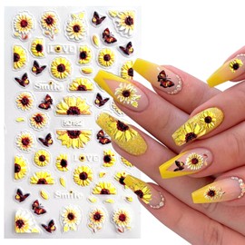 ‌MUIIGOOD 4 Sheets Multi Styles Sunflower Nail Stickers 5D Embossed Summer Floral Embossed Self-Adhesive Yellow Sun Flowers Butterfly Bees Engraved Flower Decals Sticker for Women Nails Manicure Tips