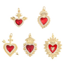 CHGCRAFT 5 pcs 5 Styles Cubic Zirconia Brass Heart Charms Brass Enamel Pendants with Storage Box for DIY Making Jewelry Bracelets Necklace Earrings Making, Golden